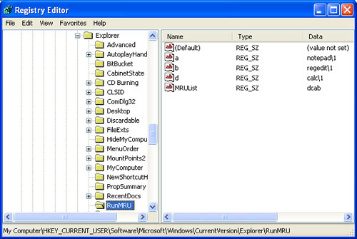 RUNMRU List key in Registry