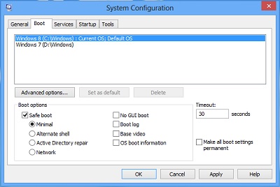 MSCONFIG Boot Screen for Safe Mode