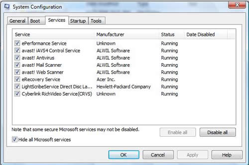 Screenshot of MSConfig Services tab