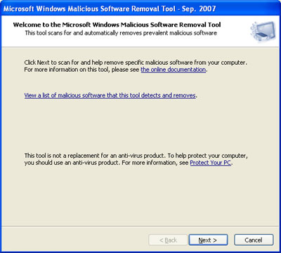Malicious Software Removal Tool Startup Screen