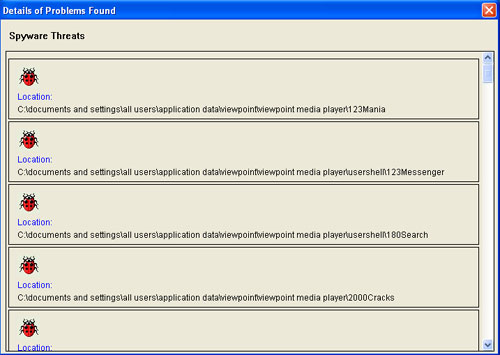 Search and Destroy Fake Threats list of spyware found on my computer