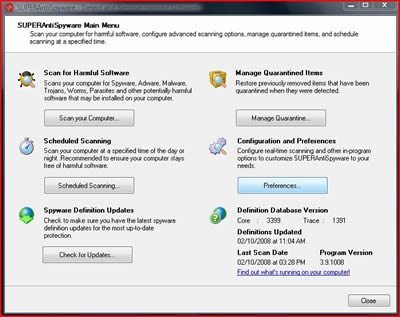 SuperAntispyware Main Menu